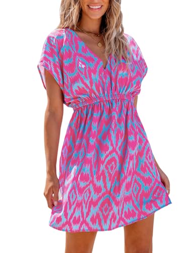Women's Swimsuit Coverup Casual V Neck Beach Dress Short Sleeve Elastic Waist Swimwear Cover Ups 2025 Beachwear