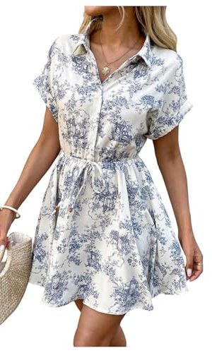 Women's Floral Print Button Short Sleeve Summer Boho Flowy Short Dress Beach Vacation Clothes
