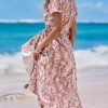 Women Summer Maxi Dress V Neck Short Sleeve Floral Print Wrap Slit Beach Casual Dress