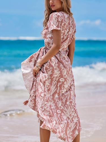 Women Summer Maxi Dress V Neck Short Sleeve Floral Print Wrap Slit Beach Casual Dress