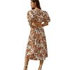 Women's Boho Floral Puff Sleeve Cut Out Dress Tie Back A Line Midi Dresses
