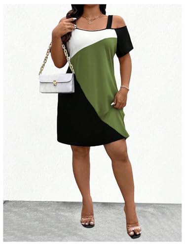 Women's Plus Size Dress Cold Shoulder Color Block Short Sleeve T Shirt Dress Casual Summer Dresses
