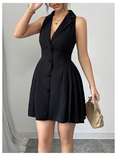 Women's Summer Mini Dress Button Down Sleeveless Collared V Neck Business Casual A Line Dresses