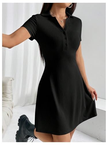 Women's V Neck Short Dresses Short Sleeve Collar Button A Line Dress Work Outfits