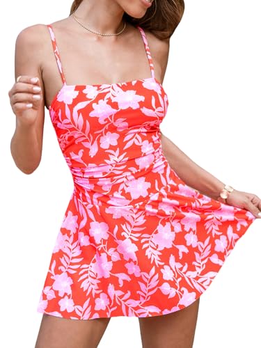 Women's One Piece Swimsuit Swim Dress Square Neck Ruched Spaghetti Adjustable Straps Bathing Suit
