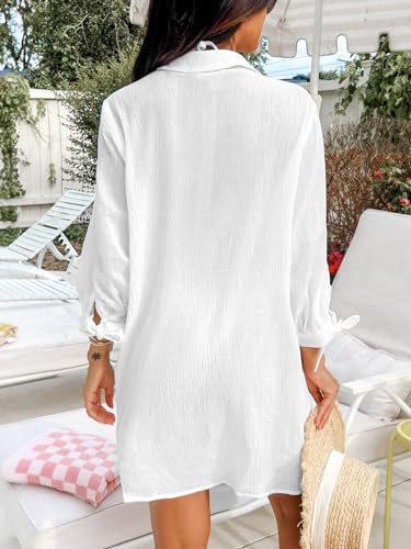 Women Swimsuit Coverup Button Down Casual Shirt Dress V Neck Beach Cover Ups with Pockets XS-XL