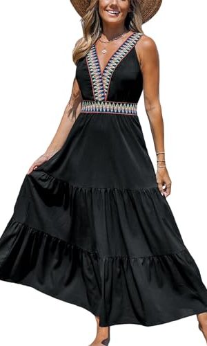 Summer Dress for Women 2024 Smocked Sleeveless Self Tied Spaghetti Straps Long Beach Casual Dress