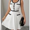 Women's Summer Sleeveless Knitted Mini Dress Button Color Block Party Short Dresses