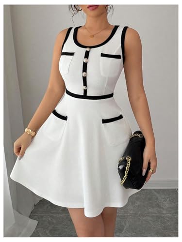 Women's Summer Sleeveless Knitted Mini Dress Button Color Block Party Short Dresses