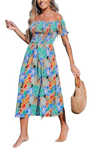 Women's Off The Shoulder Ruffled Short Sleeve Smocked Paisley Beach Midi Dress