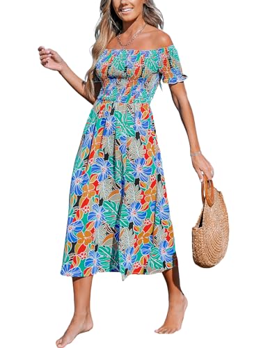 Women's Off The Shoulder Ruffled Short Sleeve Smocked Paisley Beach Midi Dress