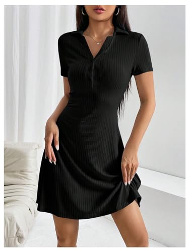 Women's V Neck Short Dresses Short Sleeve Collar Button A Line Dress Work Outfits