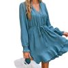 Women's Ruffle Mini Fall Dress Smocked V Neck Tie Waist Long Lantern Sleeve Flounce Hem Casual Autumn Dresses