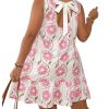 Women's Plus Size Floral Ruffle Dress Bow Tie Sleeveless Crewneck Summer Smock Short Dresses Sundress