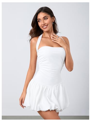 Women's Bubble Mini Dress Y2K Halter Backless Club Party Graduation Short Dresses with Shorts Underneath
