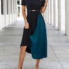 Women's Color Block Pleated Dress Casual Short Sleeve Round Neck A Line Midi Dresses