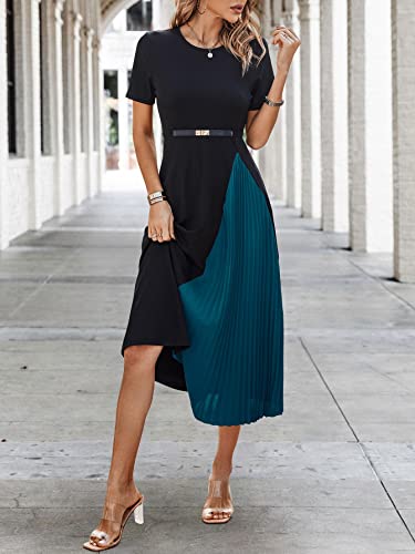 Women's Color Block Pleated Dress Casual Short Sleeve Round Neck A Line Midi Dresses
