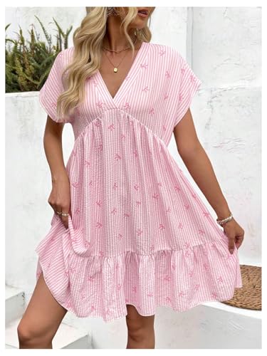 Women's Summer V Neck Short Smocked Dress Striped Bow Print Ruffle Flowy Vacation Dresses