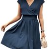 Women's Short Batwing Sleeve Cross Wrap V-Neck A-line Casual Swing Dress Plain Shirred Flared Short Dress