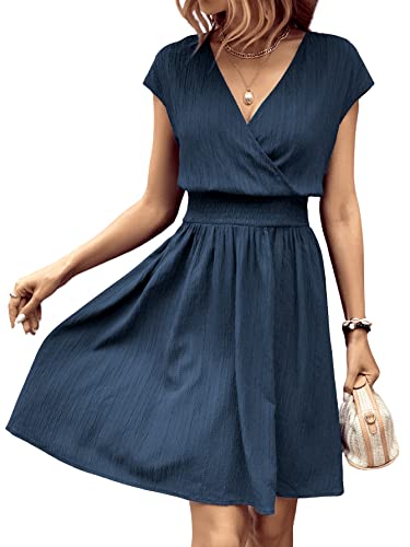 Women's Short Batwing Sleeve Cross Wrap V-Neck A-line Casual Swing Dress Plain Shirred Flared Short Dress