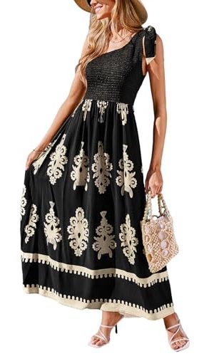 Women's Smocked One Shoulder Summer Dresses Sleeveless Vacation Maxi Dress Long Beach Sundress