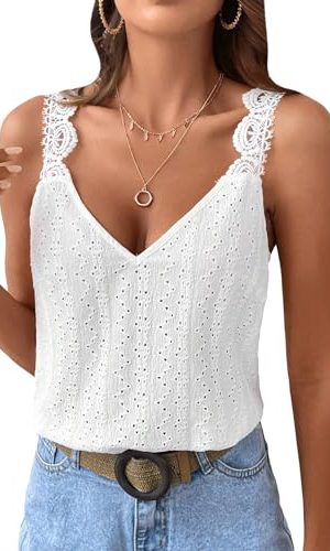 Women's Contrast Lace Backless Tank Top V Neck Sleeveless Shirts Top