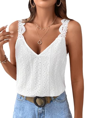 Women's Contrast Lace Backless Tank Top V Neck Sleeveless Shirts Top