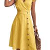 Women's Sleeveless Ruffle Trim V Neck Wrap Dress Button Front A Line Knee Length Dresses