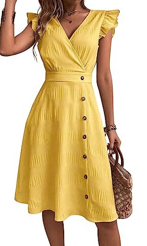 Women's Sleeveless Ruffle Trim V Neck Wrap Dress Button Front A Line Knee Length Dresses