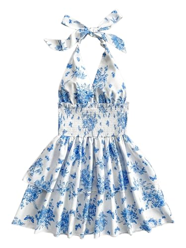 Women's Sundresses Boho Halter V Neck Backless Ruffle Flowy Summer Beach Mini Dress
