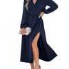 Fall Dresses for Women V Neck Long Sleeve Tunic Waist Slit Solid Color A Line Midi Casual Dress