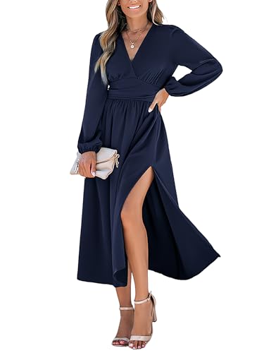 Fall Dresses for Women V Neck Long Sleeve Tunic Waist Slit Solid Color A Line Midi Casual Dress