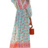 Women's Plunging V Neck Paisley Boho Backless Beach Dress Blouson Sleeve Back Tie Waist Tie Maxi Summer Dresses