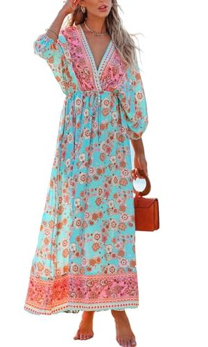 Women's Plunging V Neck Paisley Boho Backless Beach Dress Blouson Sleeve Back Tie Waist Tie Maxi Summer Dresses