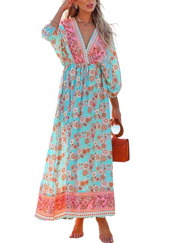Women's Plunging V Neck Paisley Boho Backless Beach Dress Blouson Sleeve Back Tie Waist Tie Maxi Summer Dresses
