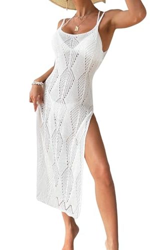 Women's Backless Crochet Beach Cover Up Sheer Split Thigh Sleeveless Long Cami Dresses