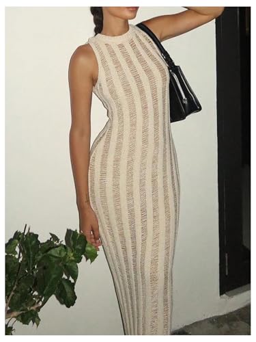 Women's Summer Sleeveless Bodycon Maxi Dress Sheer Knit Beach Vacation Long Dresses