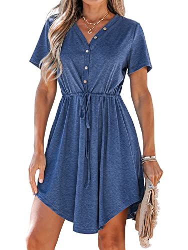 Women Summer Dresses Drawstring Button Front Short Sleeve V Neck Mini Dress Short Sleeve Sundress