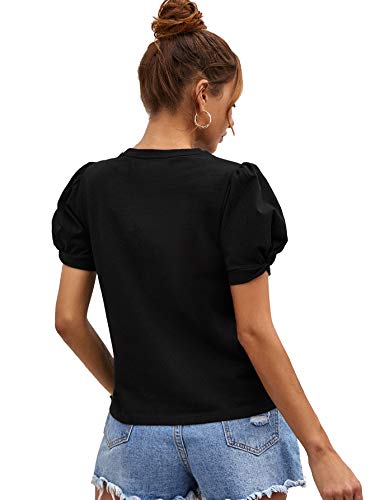 Women's Summer Short Puff Sleeve Tee Top Round Neck T-Shirt