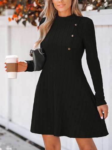 Women's Mini Dresses Round Neck Long Sleeve Textured Button Knit A Line Short Casual Fall Dresses