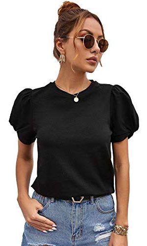 Women's Summer Short Puff Sleeve Tee Top Round Neck T-Shirt