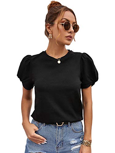 Women's Summer Short Puff Sleeve Tee Top Round Neck T-Shirt