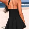 Women's One Piece Swimdress V Neck Plunge Halter Self Tie Open Back Ruched Bathing Suit