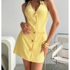 Women's Deep V Neck Halter Fitted Mini Dress Button Down Sleeveless Summer Vacation Dresses