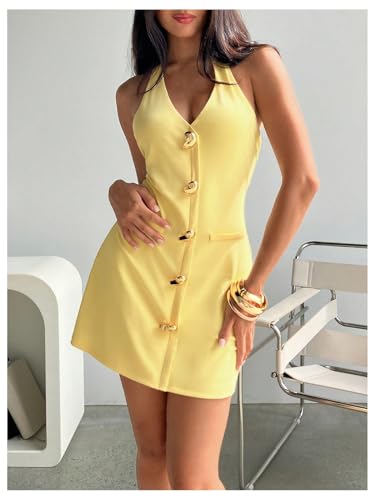 Women's Deep V Neck Halter Fitted Mini Dress Button Down Sleeveless Summer Vacation Dresses