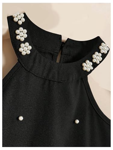 Girl's Pearl Halter Dress Sleeveless Ruffle Hem Color Block Cute Birthday Midi Dresses