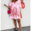 Women's Boho Print Summer Dress V Neck Half Sleeve Babydoll Flowy Loose Vacation Short Dresses