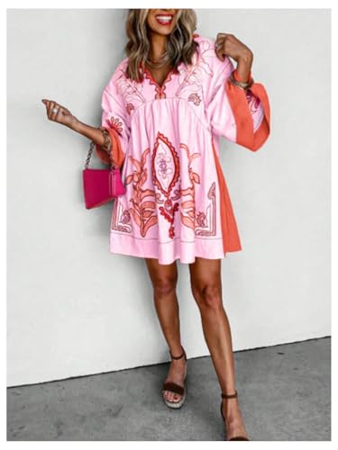 Women's Boho Print Summer Dress V Neck Half Sleeve Babydoll Flowy Loose Vacation Short Dresses