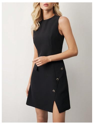 Women's Crew Neck Sleeveless Mini Dresses Split Button Elegant Formal Dresses