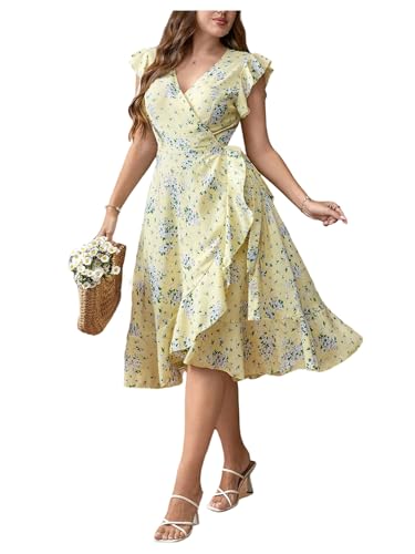 Women's Plus Size Floral Print A Line Midi Dress Cap Sleeve Wrap Ruffle Boho Summer Dresses